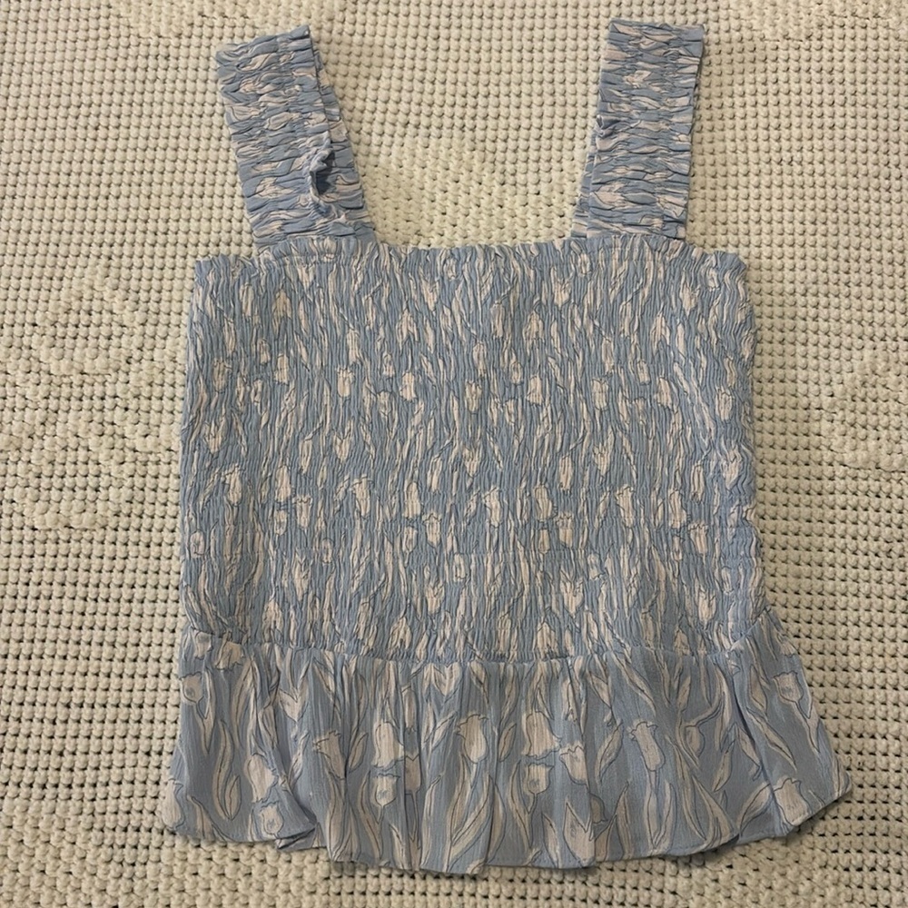 Lauren Conrad Blue And White Smocked Peplum Ruffle Top Size M